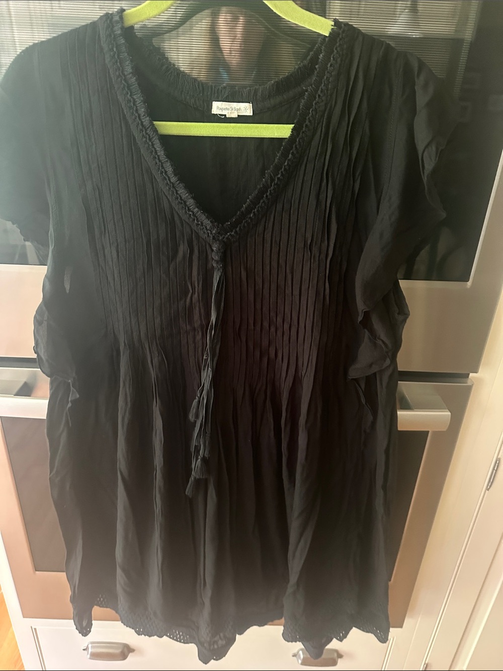 Poupette St. Barth Black Pleated V-Neck Tunic with Tassel